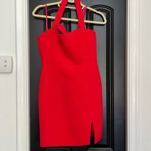 BCBG MAXAZRIA red one shoulder dress with slight slit